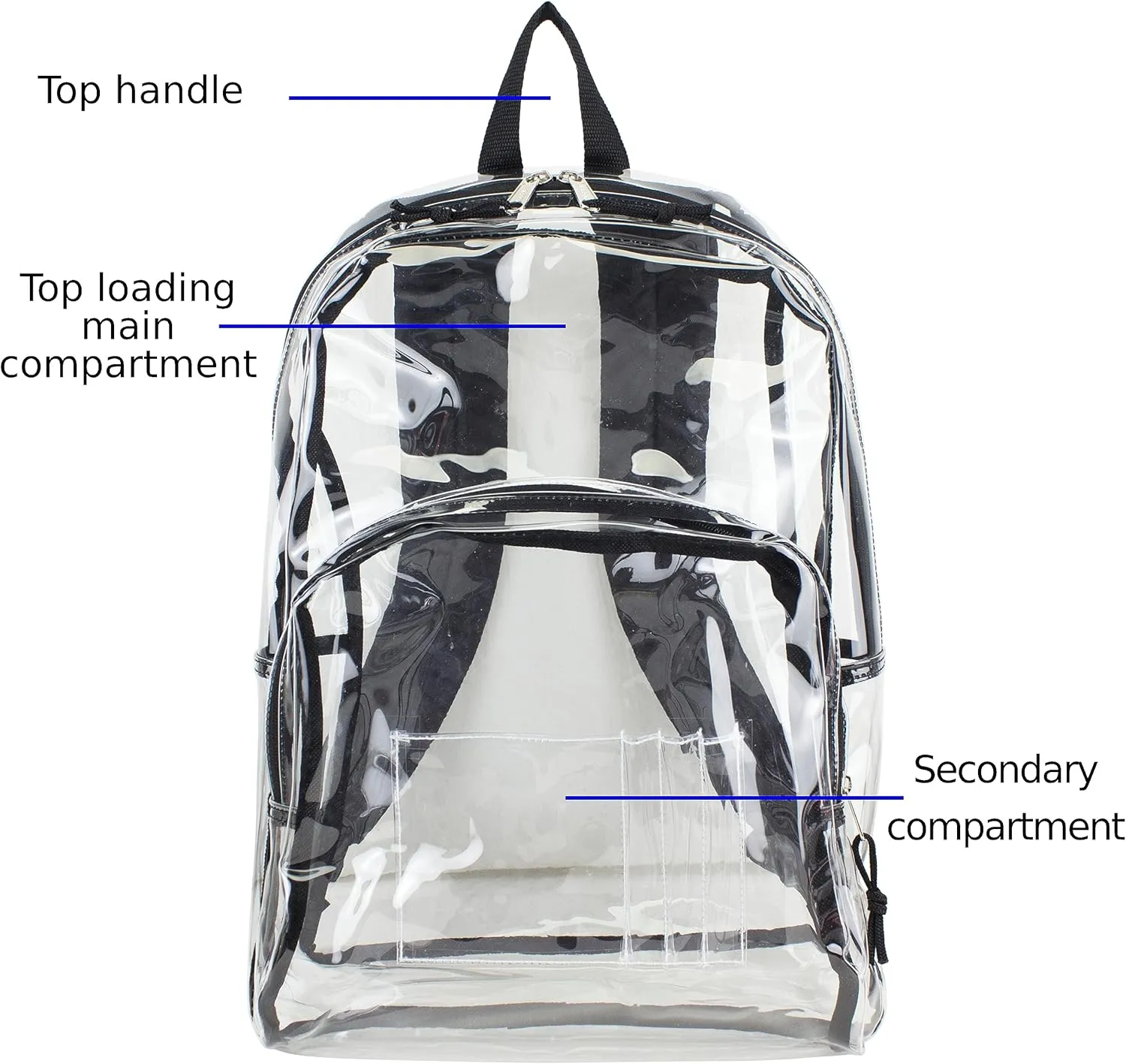 Eastsport Clear Backpack Lightweight Heavy Duty Large Transparent Bookbag For College, Sport, Hiking, Cycling, Travel, Workplace Security, 17.5" X 5.5" X 12.5" - Black