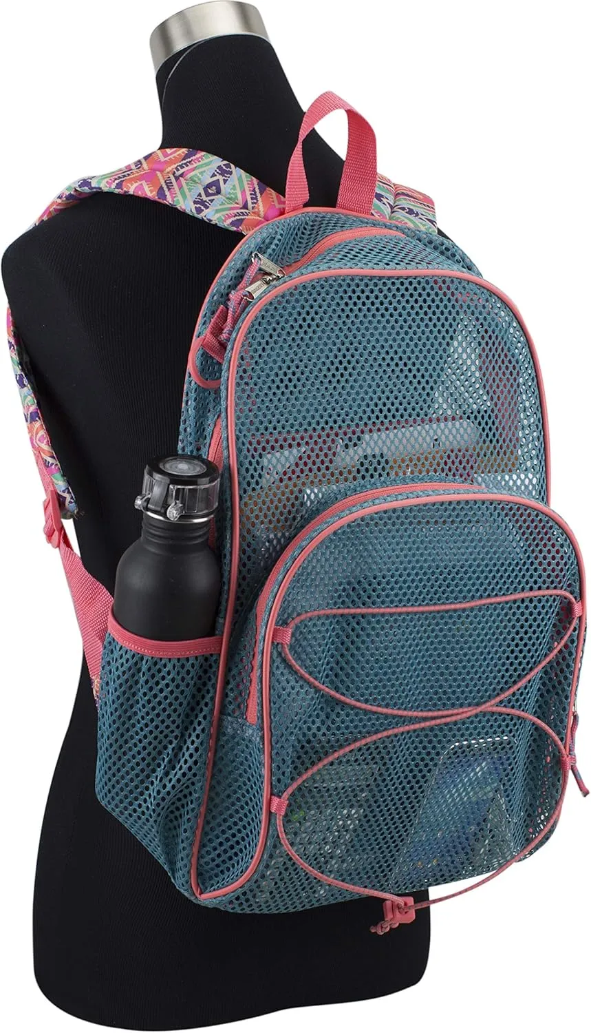 Eastsport Mesh Beach Backpack Lightweight Bungee See Through for Travel, College, Swim, Gym Bag, 17.5 x 12.5 x 5.5 Inches Aqua Haze Coral