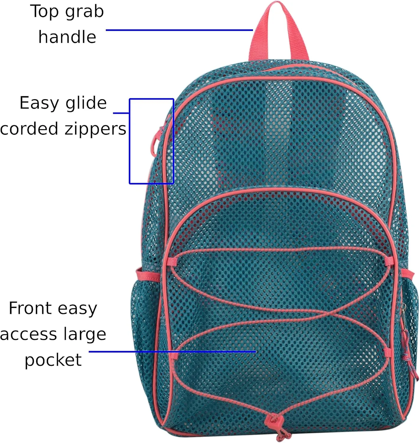 Eastsport Mesh Beach Backpack Lightweight Bungee See Through for Travel, College, Swim, Gym Bag, 17.5 x 12.5 x 5.5 Inches Aqua Haze Coral