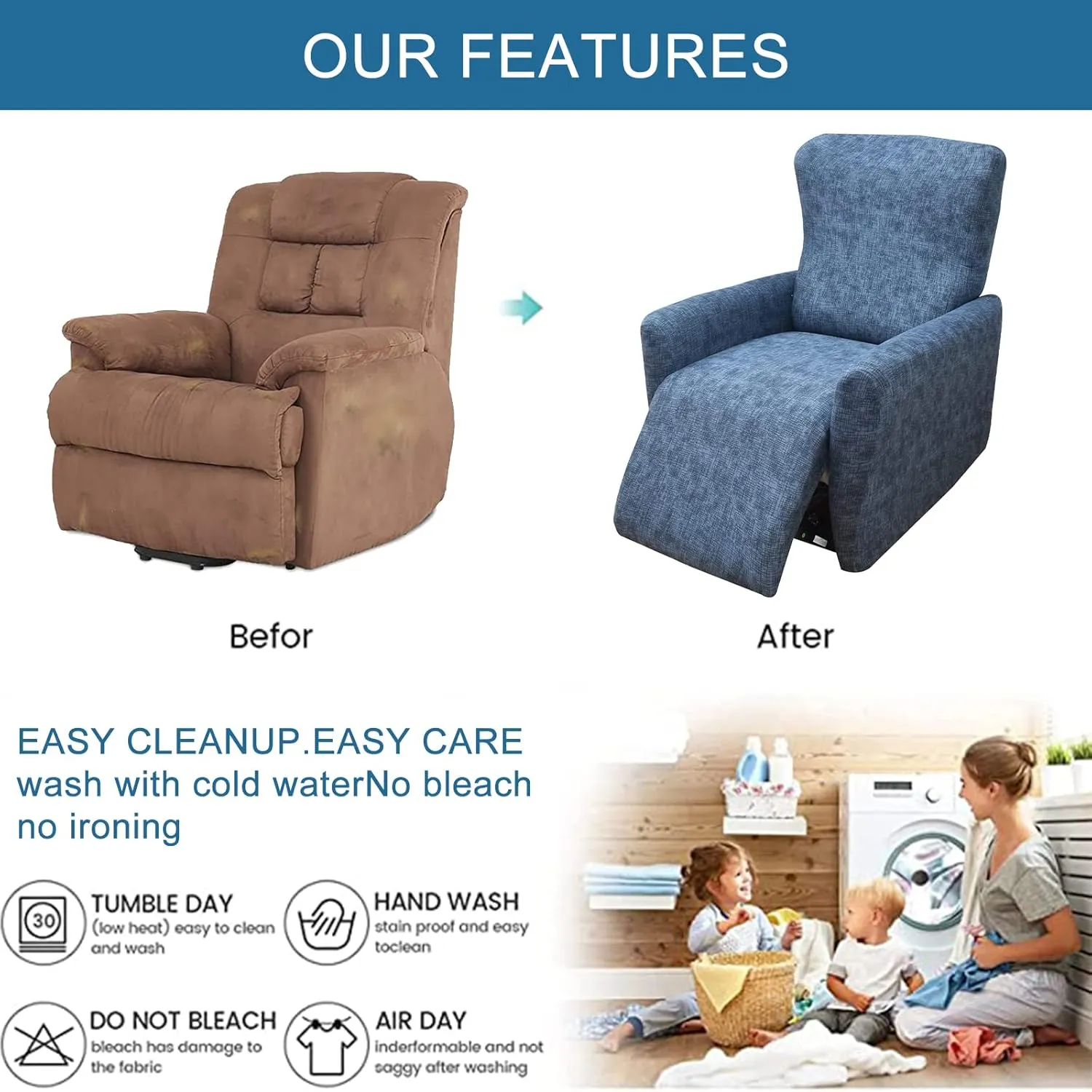 Eco-Ancheng Recliner Slipcovers 4-Pieces Recliner Chair Covers Lazy Boy Chair Covers Stretch Recliner Couch Covers Fitted Non Slip Reclining Slipcovers Furniture Protector for Recliner with Pocket