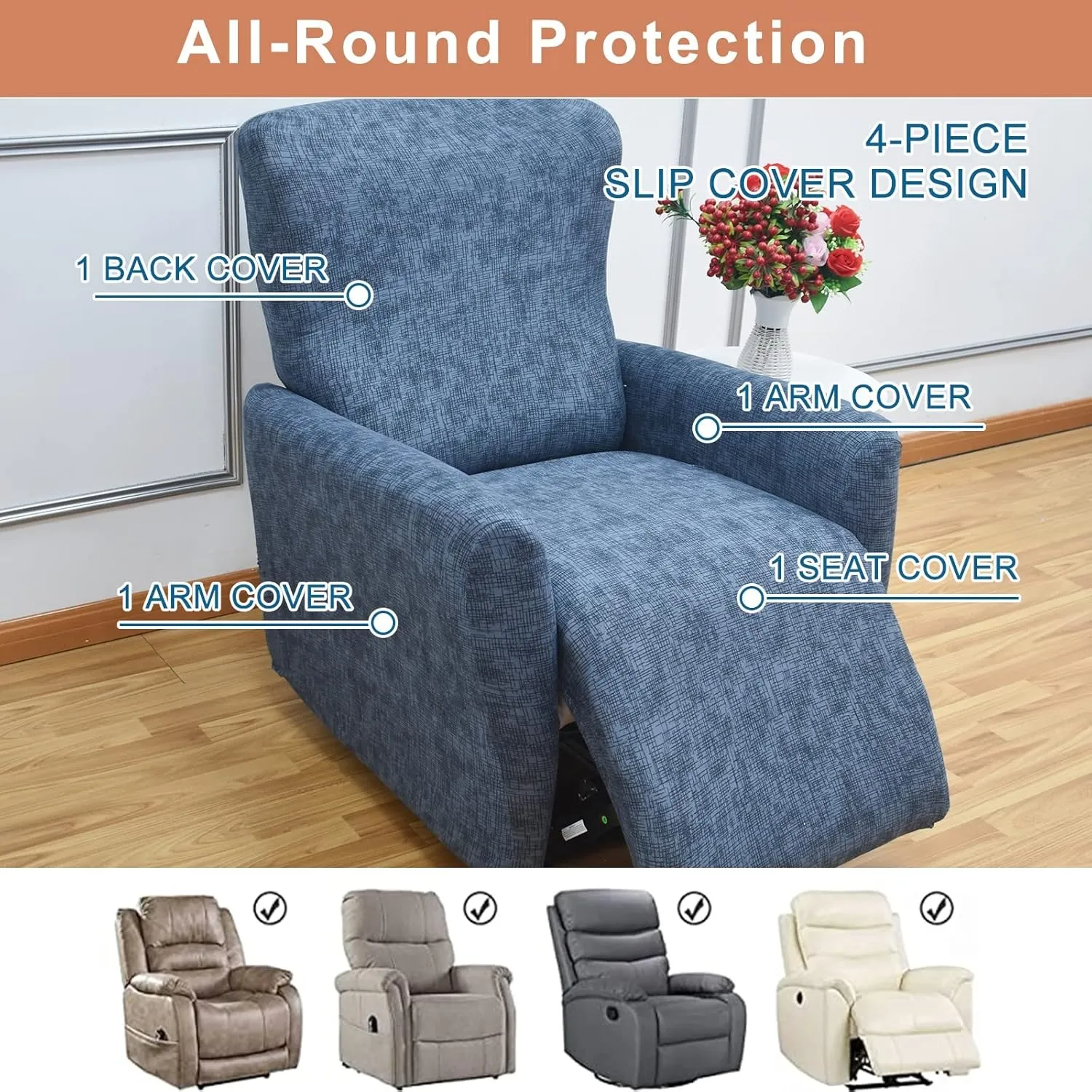 Eco-Ancheng Recliner Slipcovers 4-Pieces Recliner Chair Covers Lazy Boy Chair Covers Stretch Recliner Couch Covers Fitted Non Slip Reclining Slipcovers Furniture Protector for Recliner with Pocket