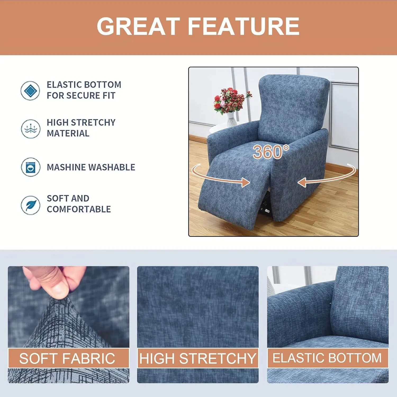 Eco-Ancheng Recliner Slipcovers 4-Pieces Recliner Chair Covers Lazy Boy Chair Covers Stretch Recliner Couch Covers Fitted Non Slip Reclining Slipcovers Furniture Protector for Recliner with Pocket