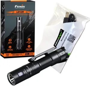 EdisonBright Fenix LD12R 600 Lumen Dual Light Source LED Tactical Flashlight USB Rechargeable kit Charging Cable (Black)