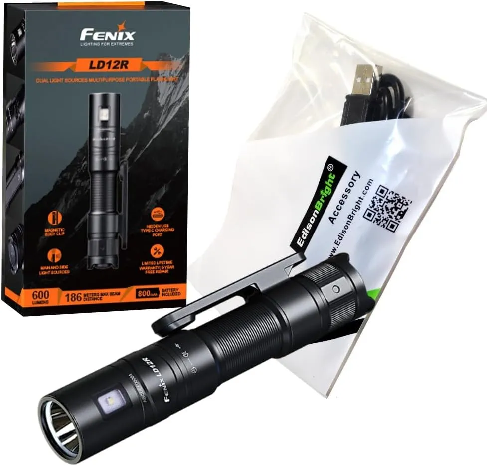 EdisonBright Fenix LD12R 600 Lumen Dual Light Source LED Tactical Flashlight USB Rechargeable kit Charging Cable (Black)
