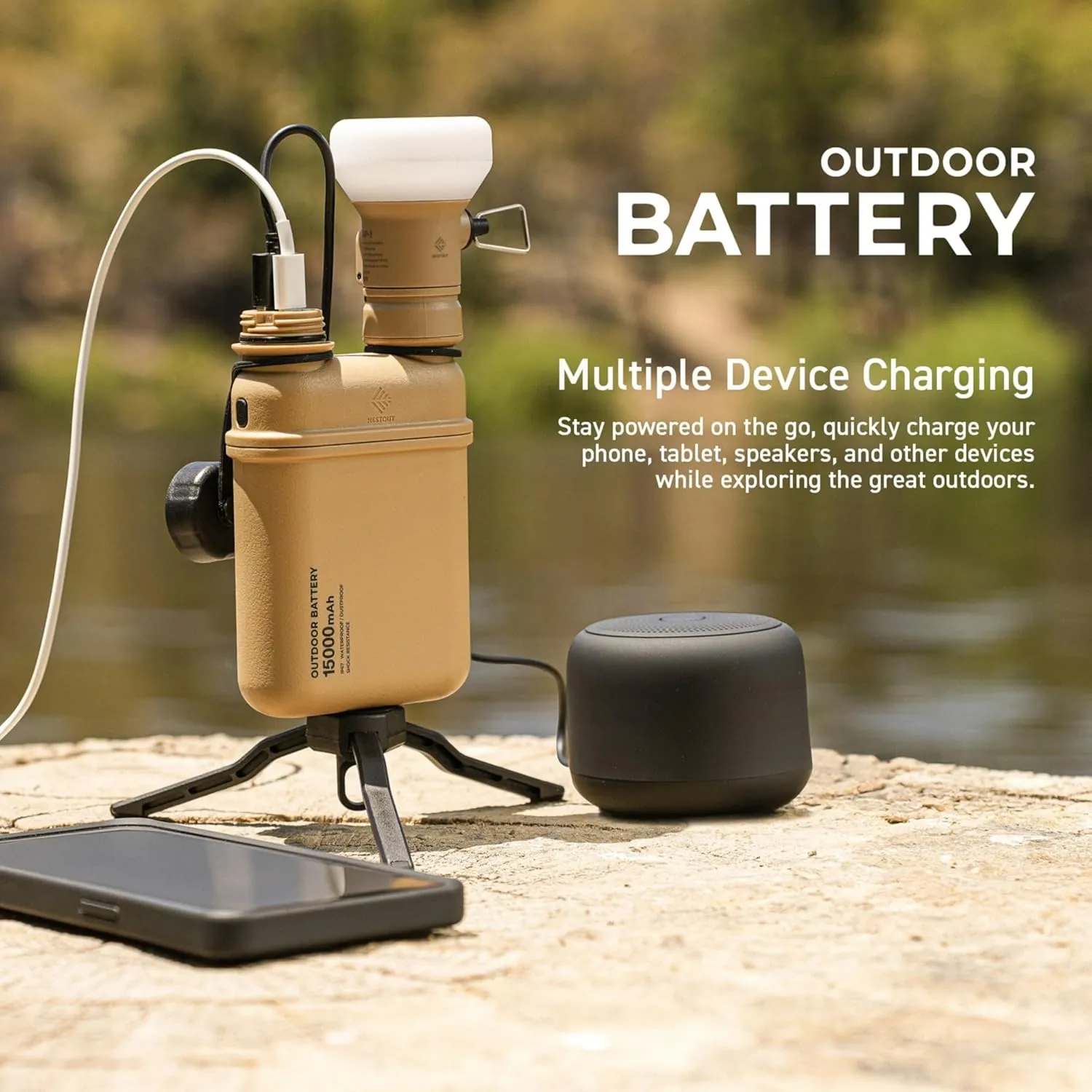 ELECOM NESTOUT Rugged Power Bank, 15000mAh Outdoor Charger, 32W USB-C Fast Charging PD, Waterproof IP67, Durable Shockproof, Battery Pack for iPhone Tablet Hiking Travel Camping (Black, 15000mAh)
