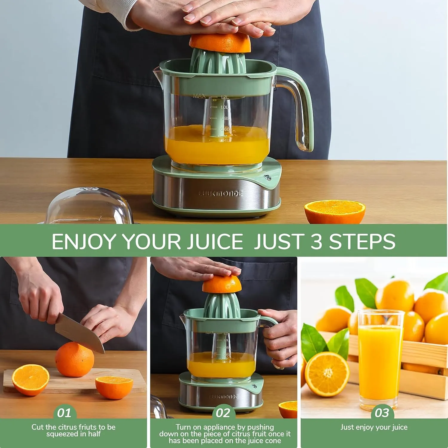Electric Citrus Juicer 1.2L Large Volume - Orange Juicer with Powerful Motor and LED Working Lamp - Lemon Squeezer Electric for Orange Lemon Lime Grapefruit Green by LUUKMONDE