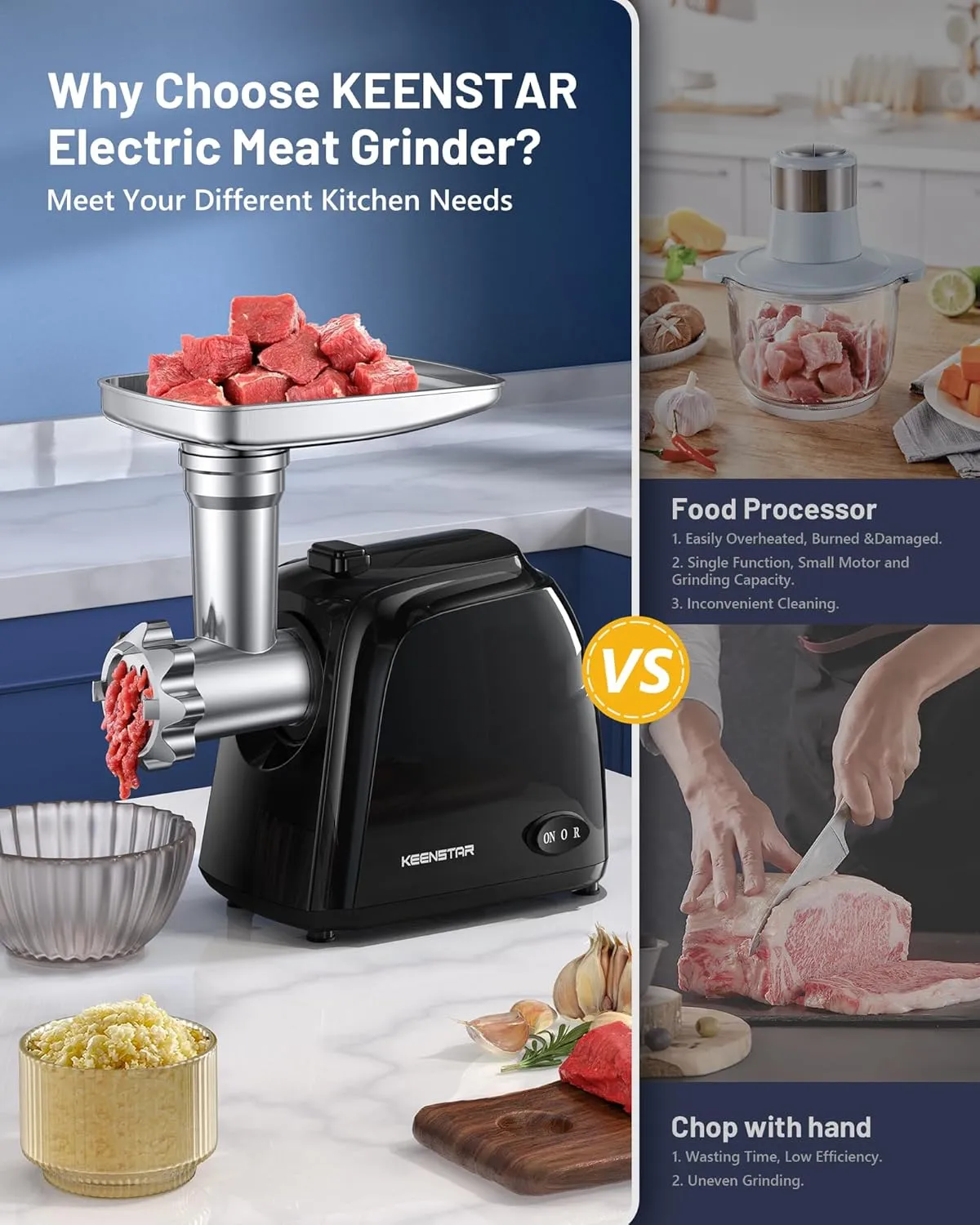 Electric Meat Grinder, Sausage Stuffer Maker 450W(3000W Max) Food Grinder with Stainless Steel Blade & 3 Plates, Sausage Stuffer Tubes & Kubbe Kit, Heavy Duty Meat Mincer Machine for Home Kitchen Use