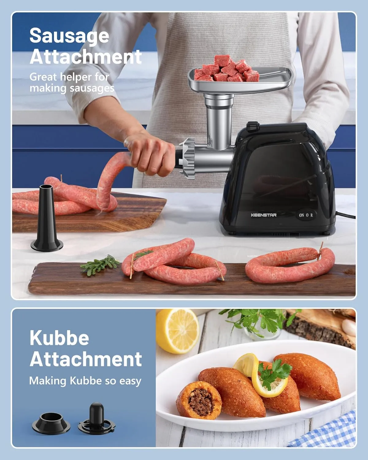 Electric Meat Grinder, Sausage Stuffer Maker 450W(3000W Max) Food Grinder with Stainless Steel Blade & 3 Plates, Sausage Stuffer Tubes & Kubbe Kit, Heavy Duty Meat Mincer Machine for Home Kitchen Use