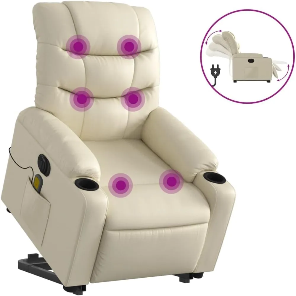 Electric Stand up Massage Recliner Chair Cream Faux LeatherLounge Chair Comfy Chair Living Room Chair Suitable for Decks, Living Rooms, and patios.
