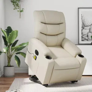 Electric Stand up Massage Recliner Chair Cream Faux LeatherLounge Chair Comfy Chair Living Room Chair Suitable for Decks, Living Rooms, and patios.