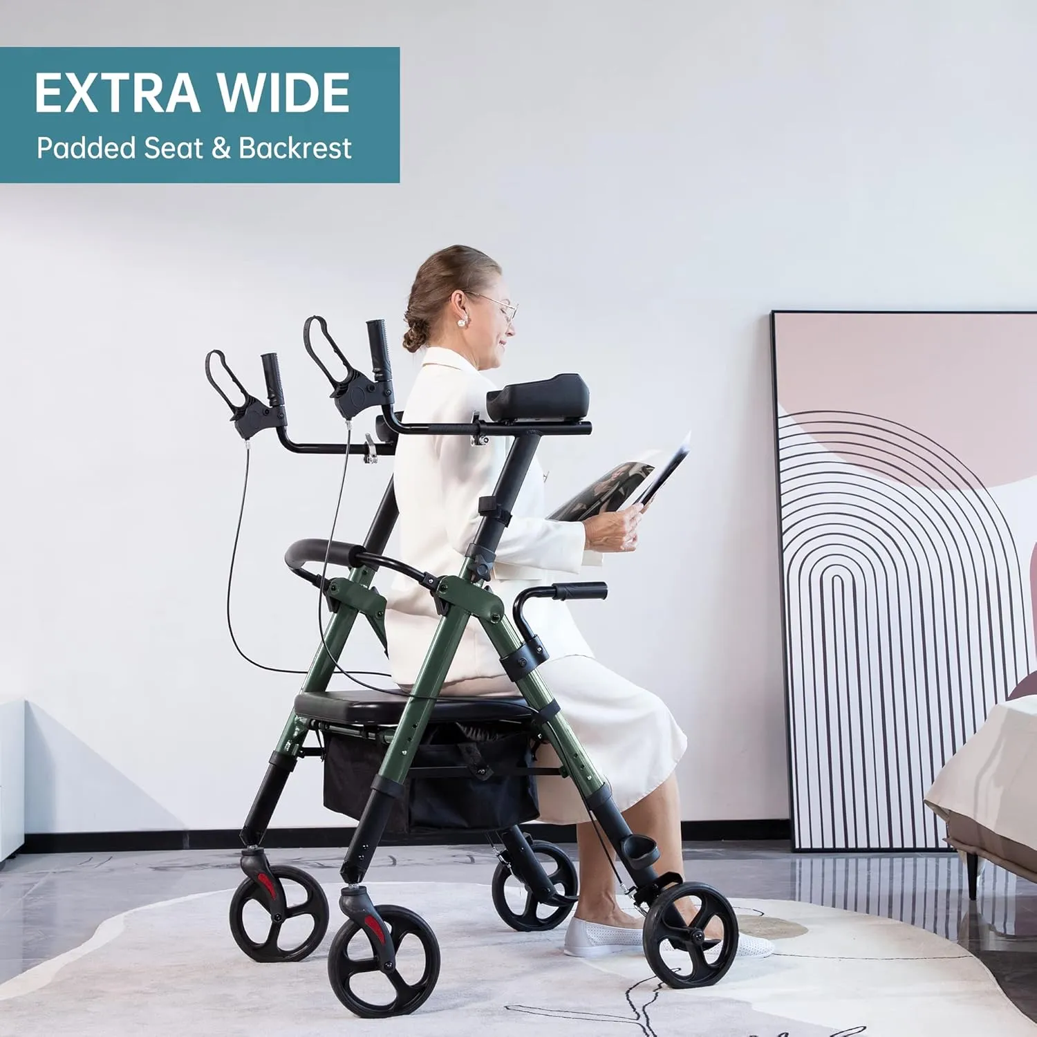 ELENKER Heavy Duty Upright Walker, Bariatric Stand Up Rollator Walker with Extra Wide Padded Seat & Backrest, Supports Up to 500 lbs, for Senior, Green