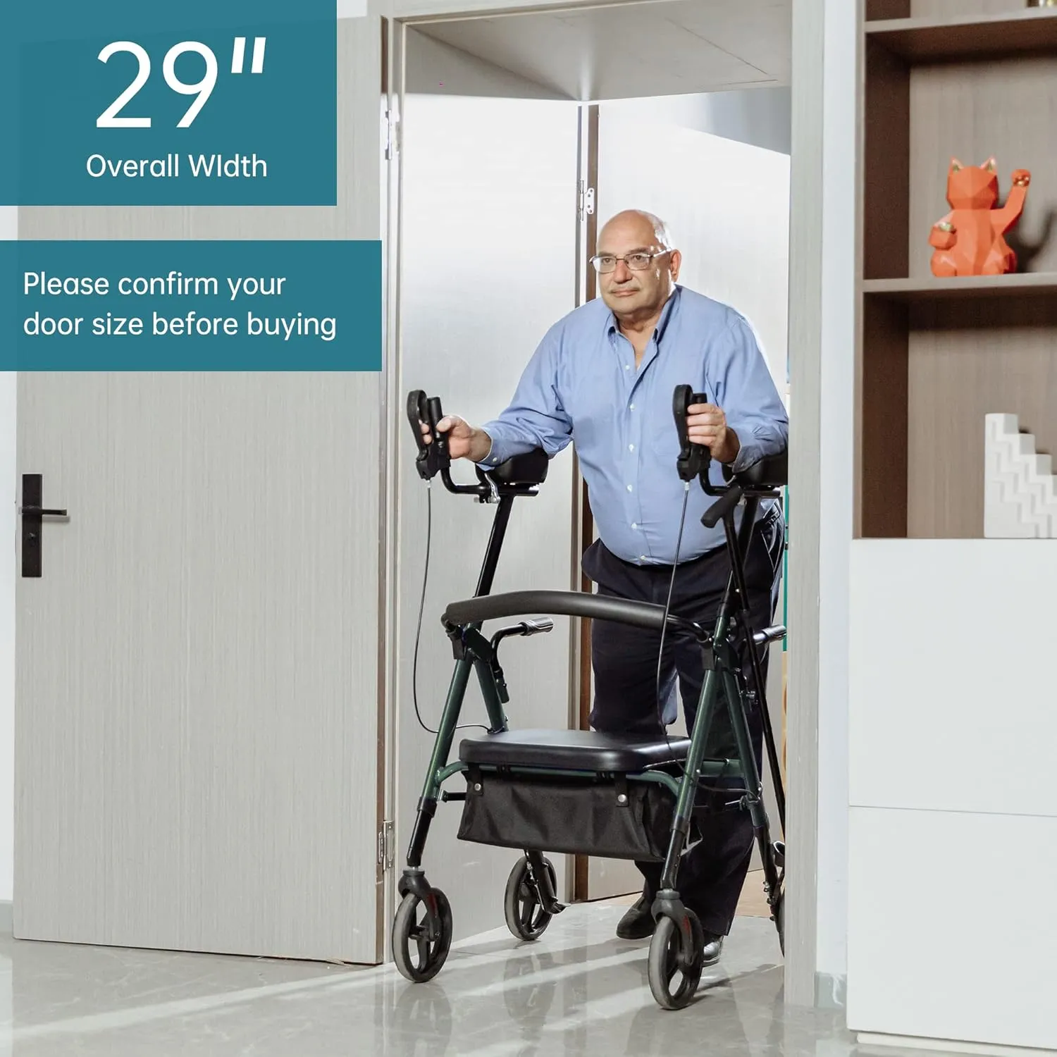 ELENKER Heavy Duty Upright Walker, Bariatric Stand Up Rollator Walker with Extra Wide Padded Seat & Backrest, Supports Up to 500 lbs, for Senior, Green