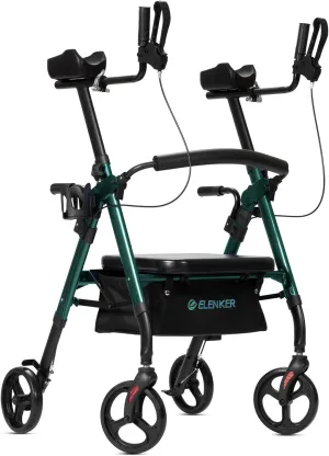 ELENKER Heavy Duty Upright Walker, Bariatric Stand Up Rollator Walker with Extra Wide Padded Seat & Backrest, Supports Up to 500 lbs, for Senior, Green