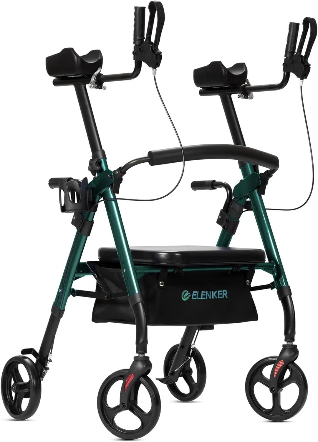 ELENKER Heavy Duty Upright Walker, Bariatric Stand Up Rollator Walker with Extra Wide Padded Seat & Backrest, Supports Up to 500 lbs, for Senior, Green