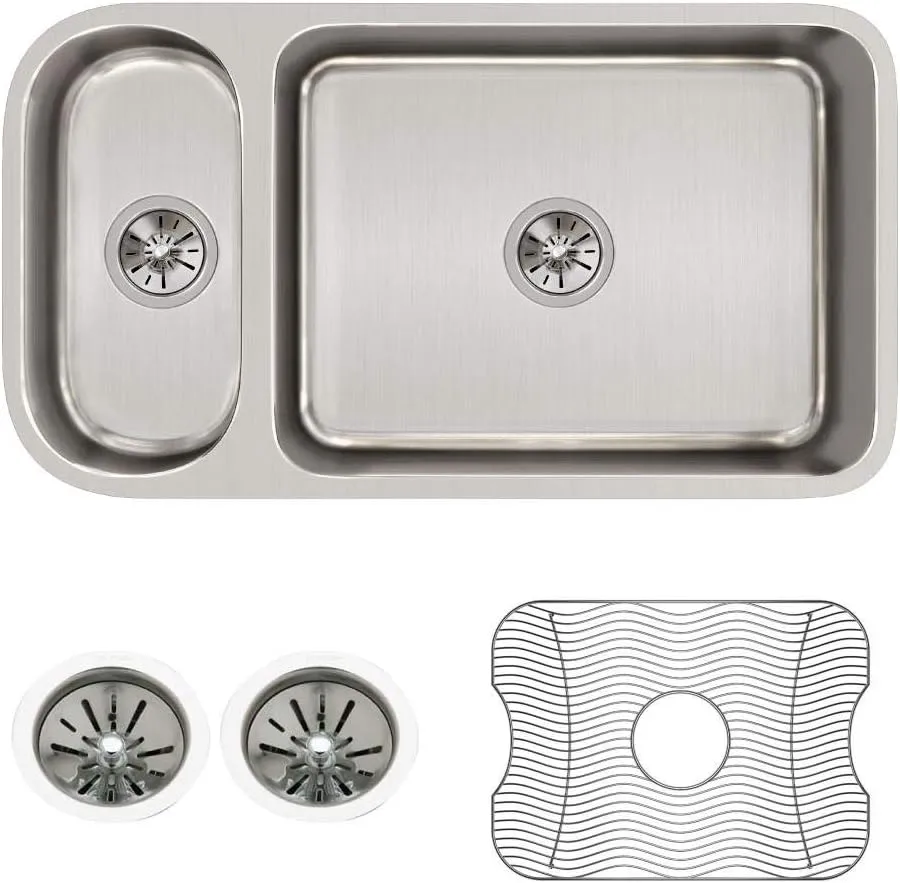 Elkay ELUH3219DBG Lustertone Classic 30/70 Double Bowl Undermount Stainless Steel Sink Kit