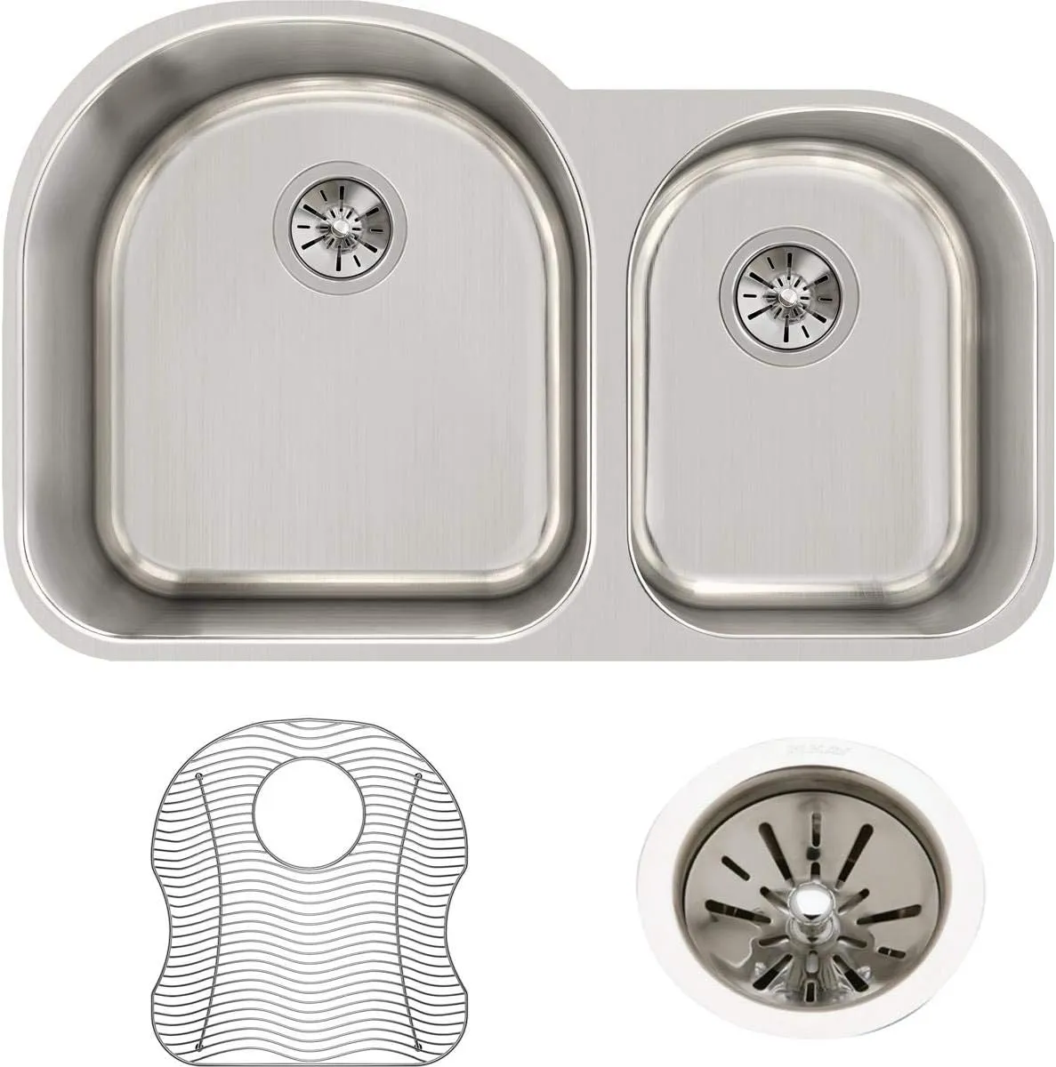 Elkay Lustertone ELUH311910RDBG Offset 60/40 Double Bowl Undermount Stainless Steel Sink Kit