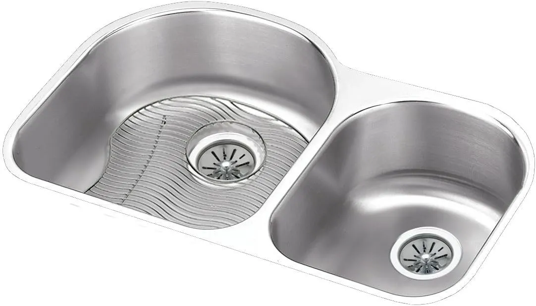 Elkay Lustertone ELUH311910RDBG Offset 60/40 Double Bowl Undermount Stainless Steel Sink Kit