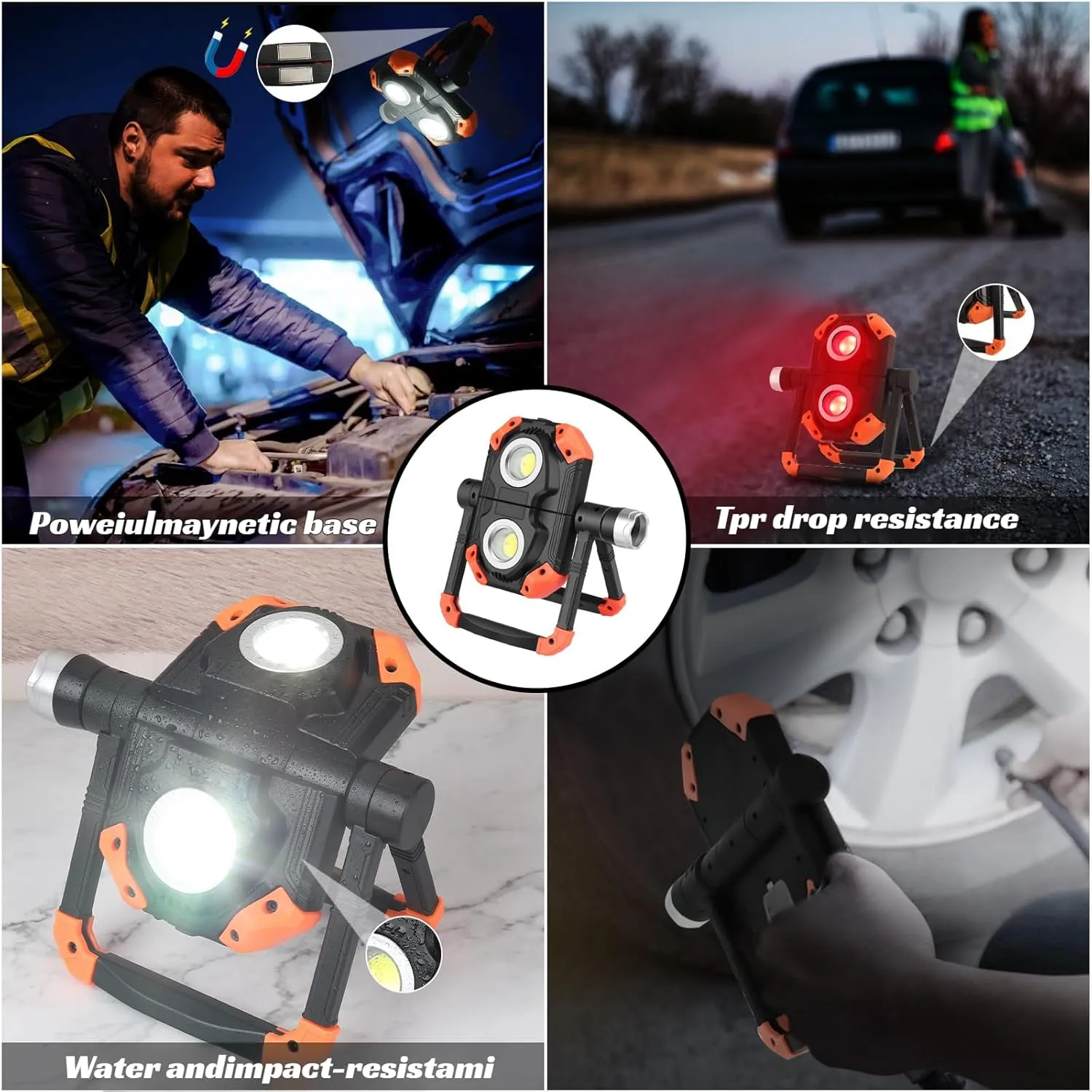 [Ellnis]【Magnetic 360° Work Lit】 IPX4 Waterproof Foldable Cam Lantern, 1000 Lumens LED Recharable Torch with COB Modes & Red Flhing for Gara, Fishing, Hiking, Emerncy Use