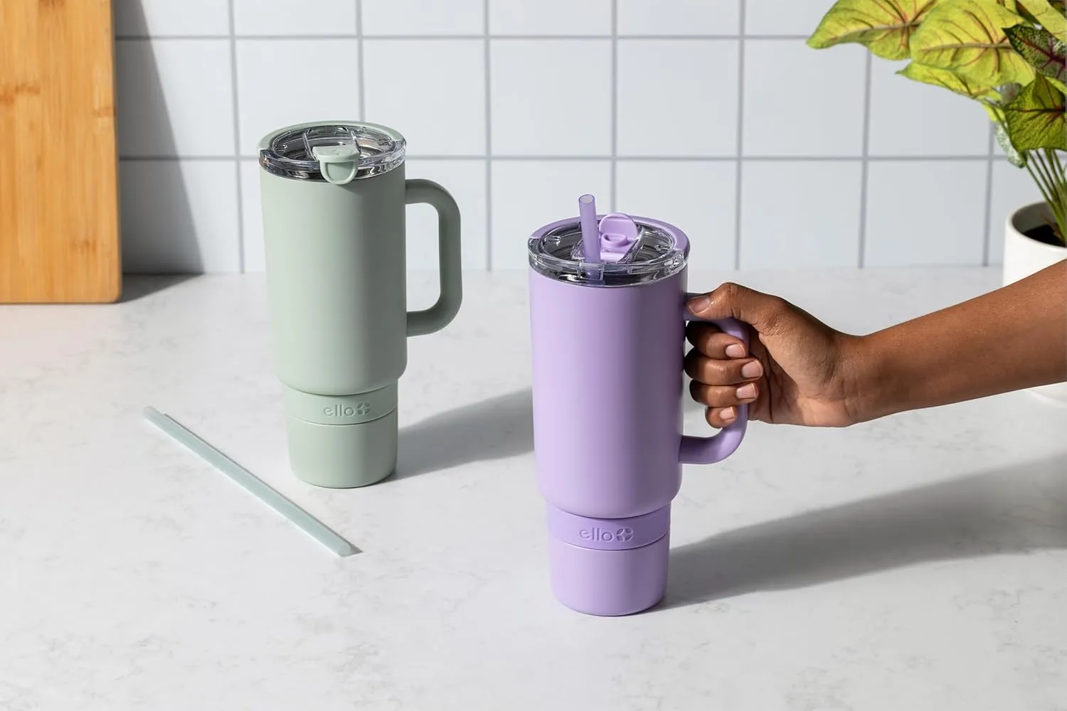 Ello Port 40oz Tumbler with Carry Loop & Integrated Handle, Vacuum Insulated Stainless Steel Reusable Water Bottle, Travel Mug with Leak Proof Lid & Straw, Perfect for Iced Coffee & Tea, Sage
