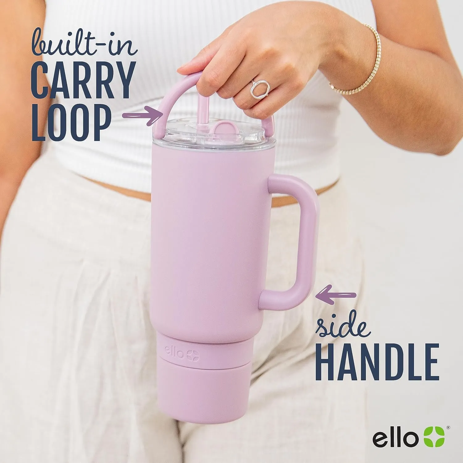 Ello Port 40oz Tumbler with Carry Loop & Integrated Handle, Vacuum Insulated Stainless Steel Reusable Water Bottle, Travel Mug with Leak Proof Lid & Straw, Perfect for Iced Coffee & Tea, Sage