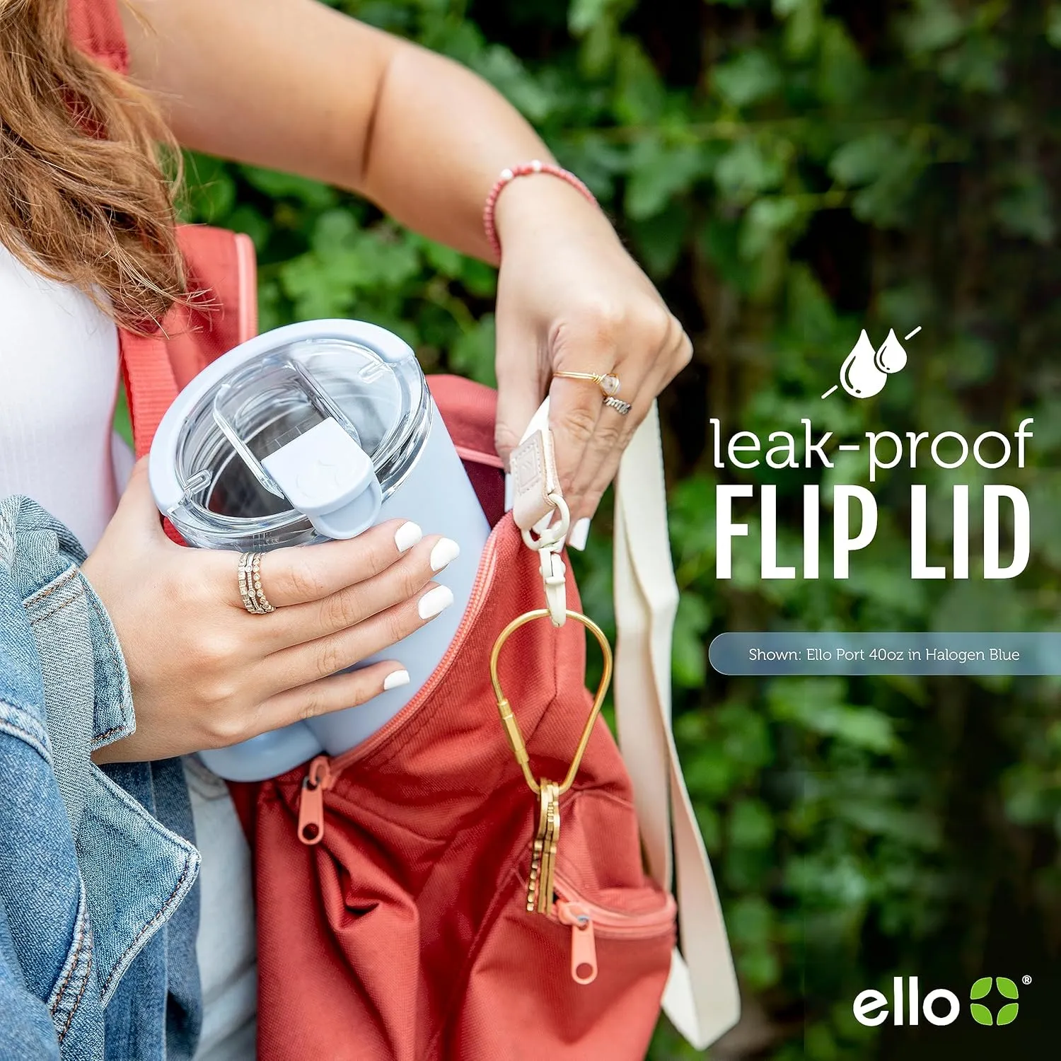 Ello Port 40oz Tumbler with Carry Loop & Integrated Handle, Vacuum Insulated Stainless Steel Reusable Water Bottle, Travel Mug with Leak Proof Lid & Straw, Perfect for Iced Coffee & Tea, Sage