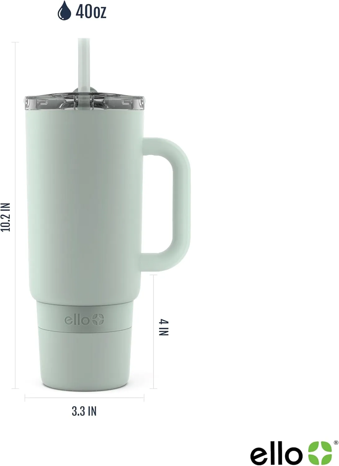 Ello Port 40oz Tumbler with Carry Loop & Integrated Handle, Vacuum Insulated Stainless Steel Reusable Water Bottle, Travel Mug with Leak Proof Lid & Straw, Perfect for Iced Coffee & Tea, Sage
