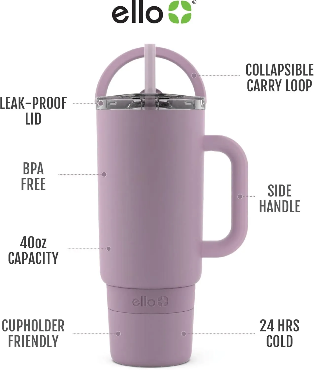 Ello Port 40oz Tumbler with Carry Loop & Integrated Handle, Vacuum Insulated Stainless Steel Reusable Water Bottle, Travel Mug with Leak Proof Lid and Straw, Perfect for Iced Coffee and Tea, Mauve