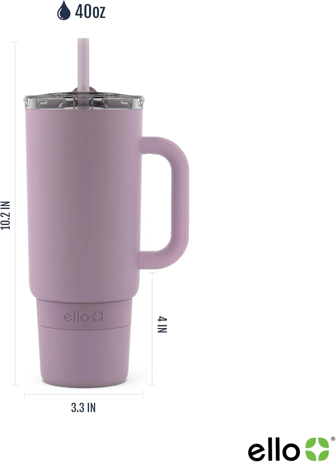 Ello Port 40oz Tumbler with Carry Loop & Integrated Handle, Vacuum Insulated Stainless Steel Reusable Water Bottle, Travel Mug with Leak Proof Lid and Straw, Perfect for Iced Coffee and Tea, Mauve