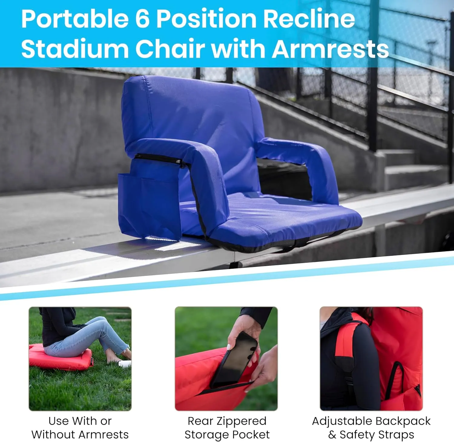 EMMA   OLIVER Portable Stadium Chair with Armrests, Reclining Padded Back & Seat, Lightweight Metal Frame & Backpack Straps, Storage Pockets