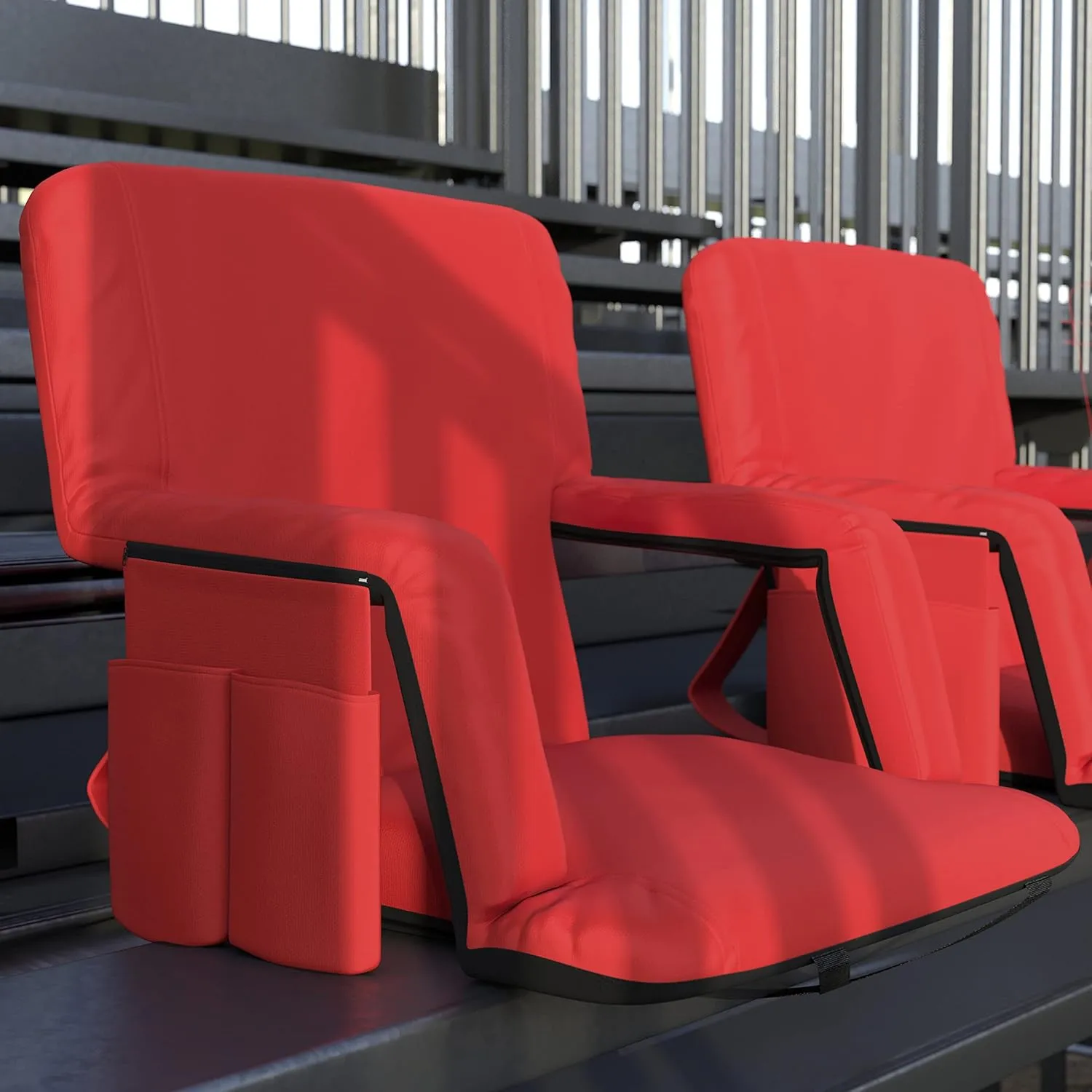EMMA   OLIVER Portable Stadium Chair with Armrests, Reclining Padded Back & Seat, Lightweight Metal Frame & Backpack Straps, Storage Pockets