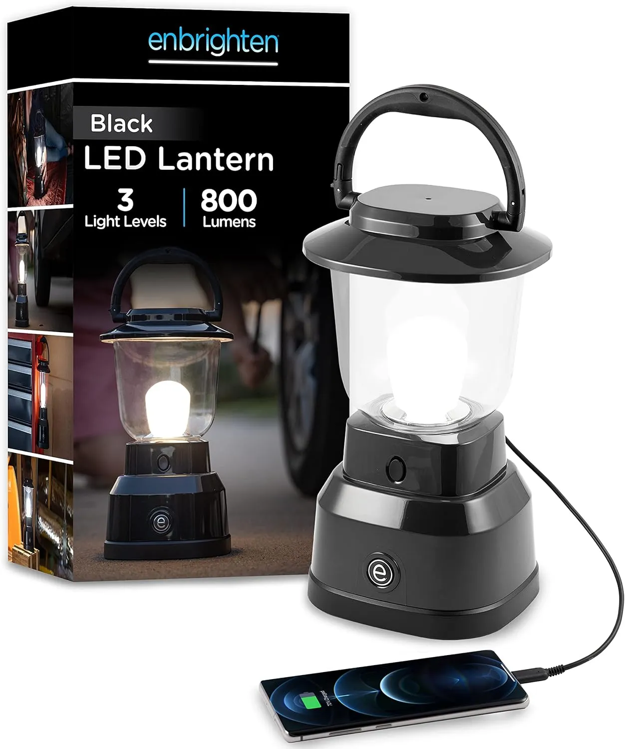 Enbrighten LED Large Camping Lantern, Battery Powered, USB Charging, 800 Lumens, 200 Hour Runtime, Carabiner Handle, Hiking Gear, Emergency Light, Blackout, Storm, Hurricane