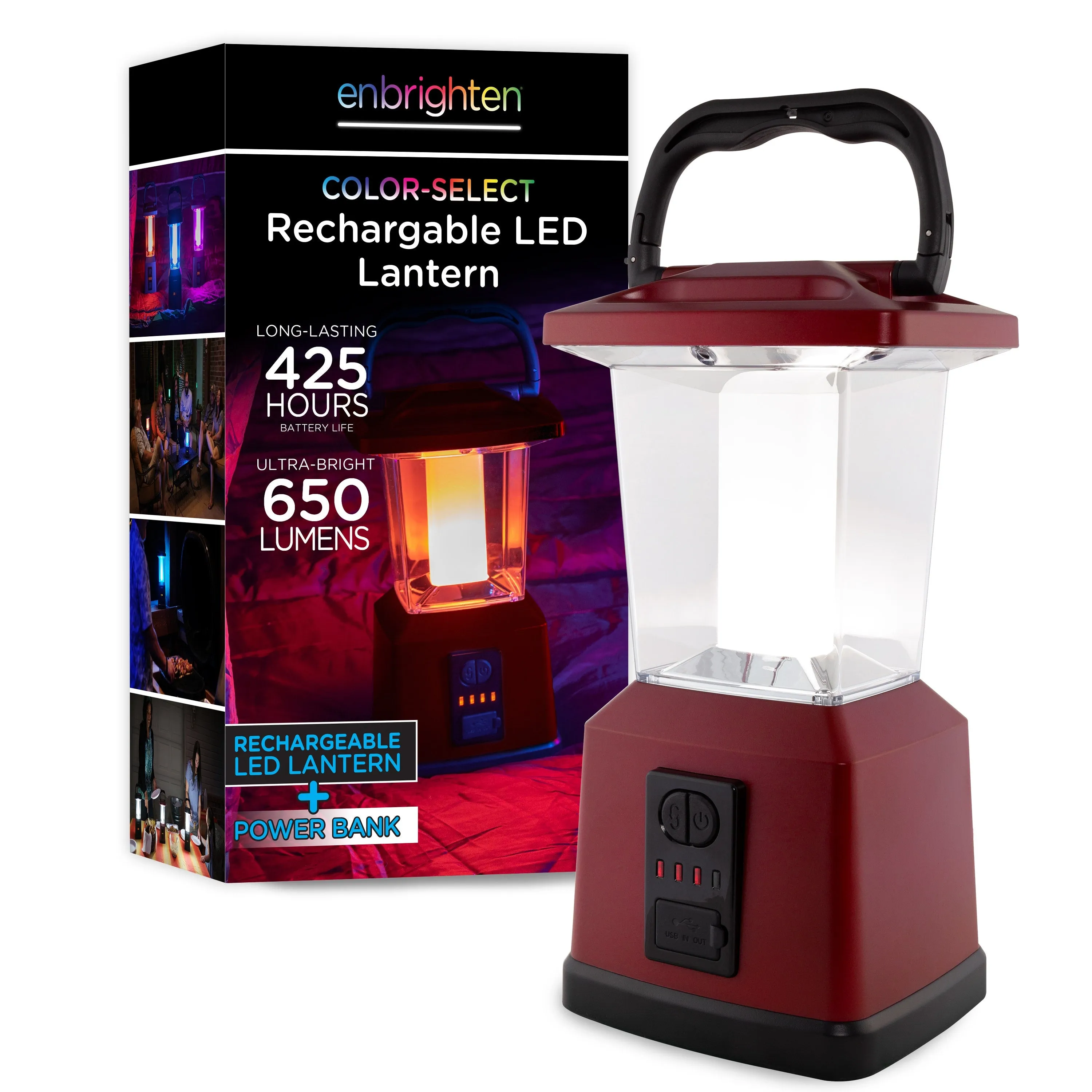 Enbrighten Lux Hybrid Dual Power Color-Select Dimmable LED Lantern with USB Charging, Red