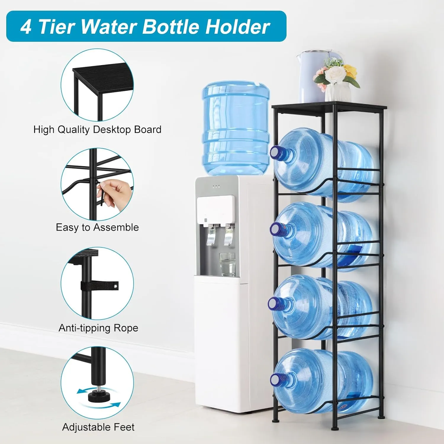 ETELI 5 Gallon Water Jug Holder 4 Tier Gallon Water Bottle Holder with Storage Shelve Water Cooler Jug Rack Stand for 5 Gallon Water Dispenser Organizer for Kitchen, Office, Living Room, Black