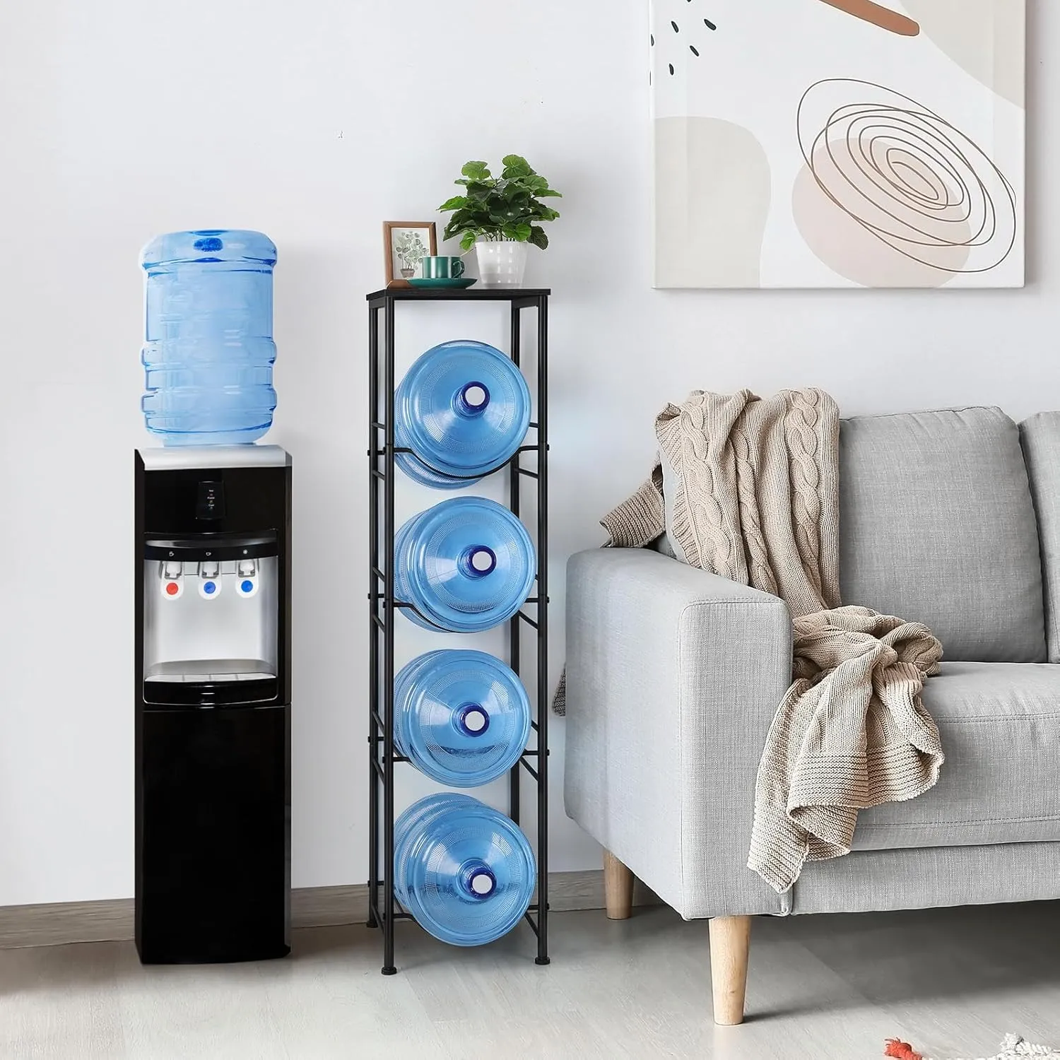 ETELI 5 Gallon Water Jug Holder 4 Tier Gallon Water Bottle Holder with Storage Shelve Water Cooler Jug Rack Stand for 5 Gallon Water Dispenser Organizer for Kitchen, Office, Living Room, Black