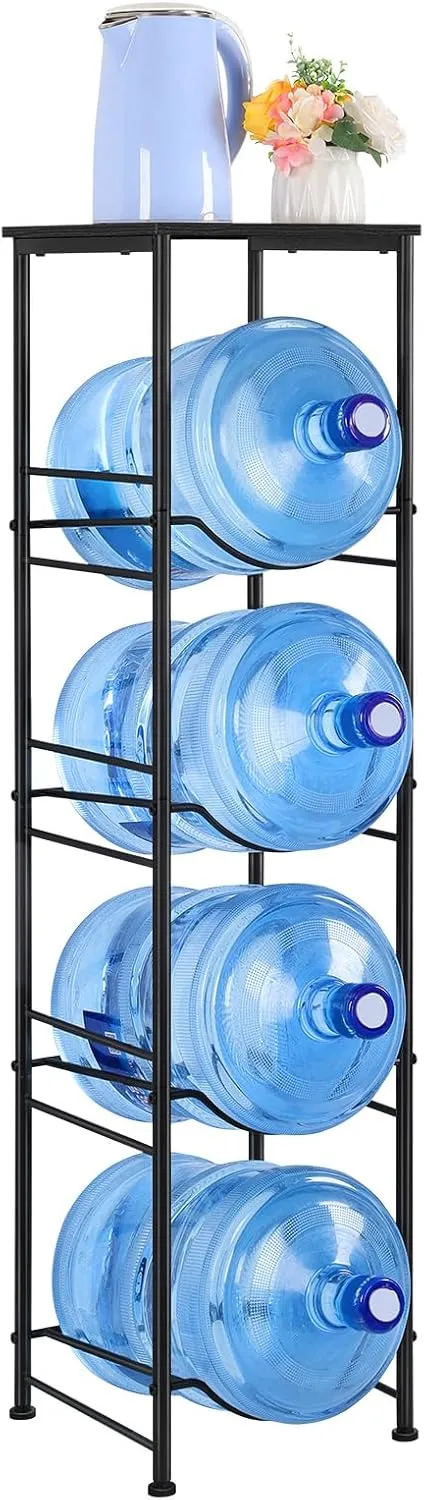 ETELI 5 Gallon Water Jug Holder 4 Tier Gallon Water Bottle Holder with Storage Shelve Water Cooler Jug Rack Stand for 5 Gallon Water Dispenser Organizer for Kitchen, Office, Living Room, Black