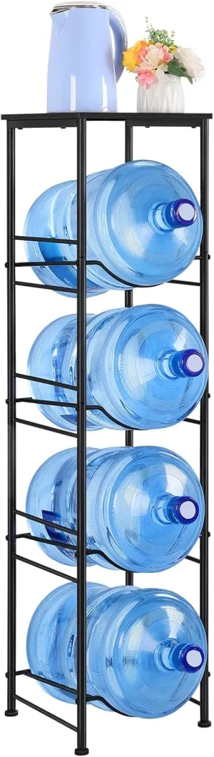 ETELI 5 Gallon Water Jug Holder 4 Tier Gallon Water Bottle Holder with Storage Shelve Water Cooler Jug Rack Stand for 5 Gallon Water Dispenser Organizer for Kitchen, Office, Living Room, Black