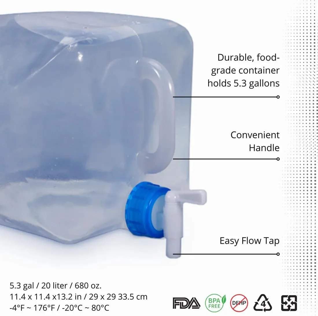 EvaClean Collapsible Water Containers with Spigot 5.3 Gal - Portable, Reusable - BPA Free, Foldable, Leak-Proof Camping Water Jug for Outdoors, Hiking, Survival Kit, and Emergency Preparedness 2-pack