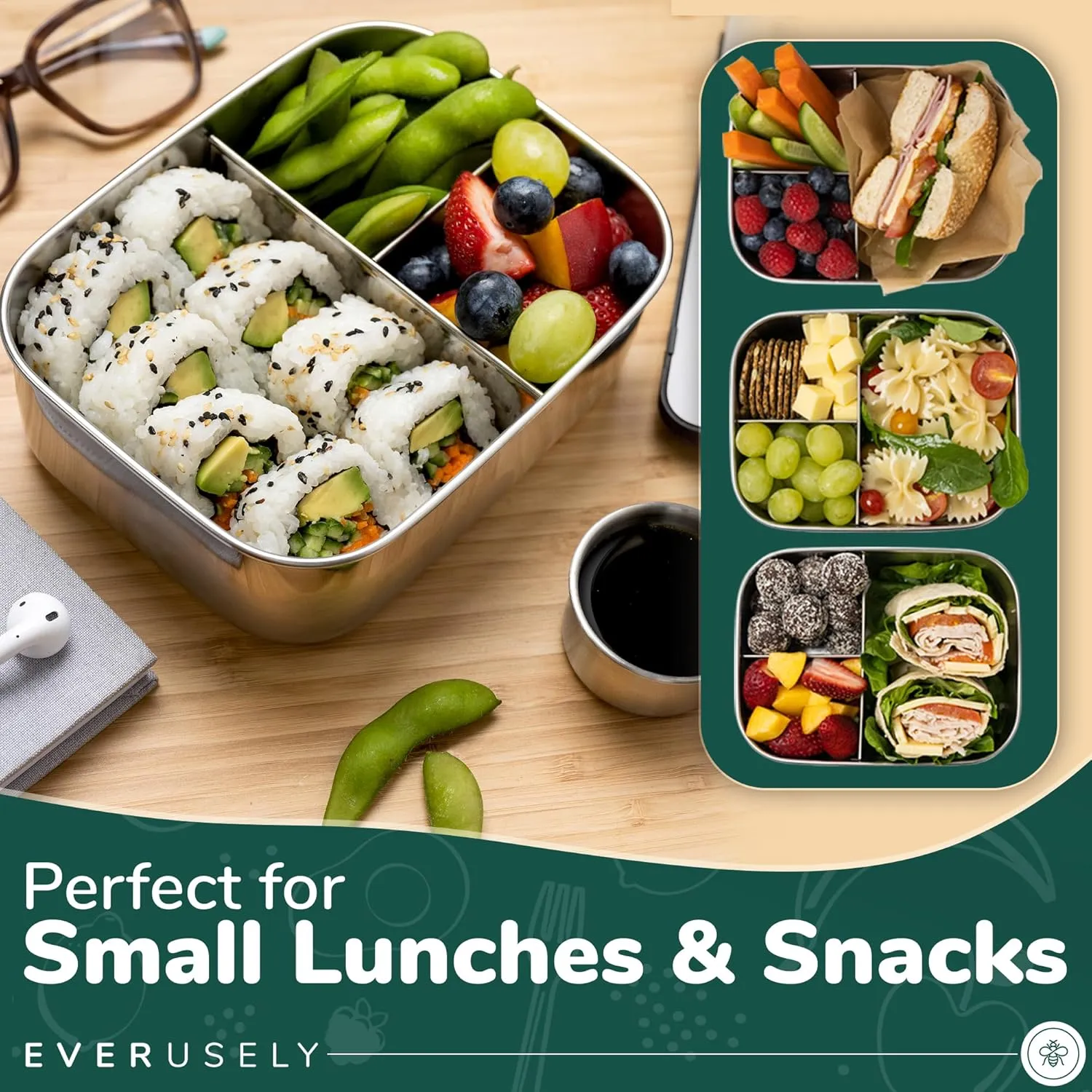 Everusely - Bento Box for Kids - Sage, 27oz / 0.8 L - Stainless Steel Lunch Box with Leakproof Condiment Container - 3 Compartment Snack Organizer for On the Go Meals - Freezer & Dishwasher Safe