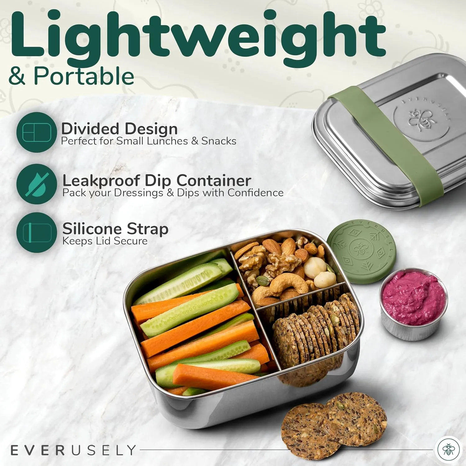 Everusely - Bento Box for Kids - Sage, 27oz / 0.8 L - Stainless Steel Lunch Box with Leakproof Condiment Container - 3 Compartment Snack Organizer for On the Go Meals - Freezer & Dishwasher Safe