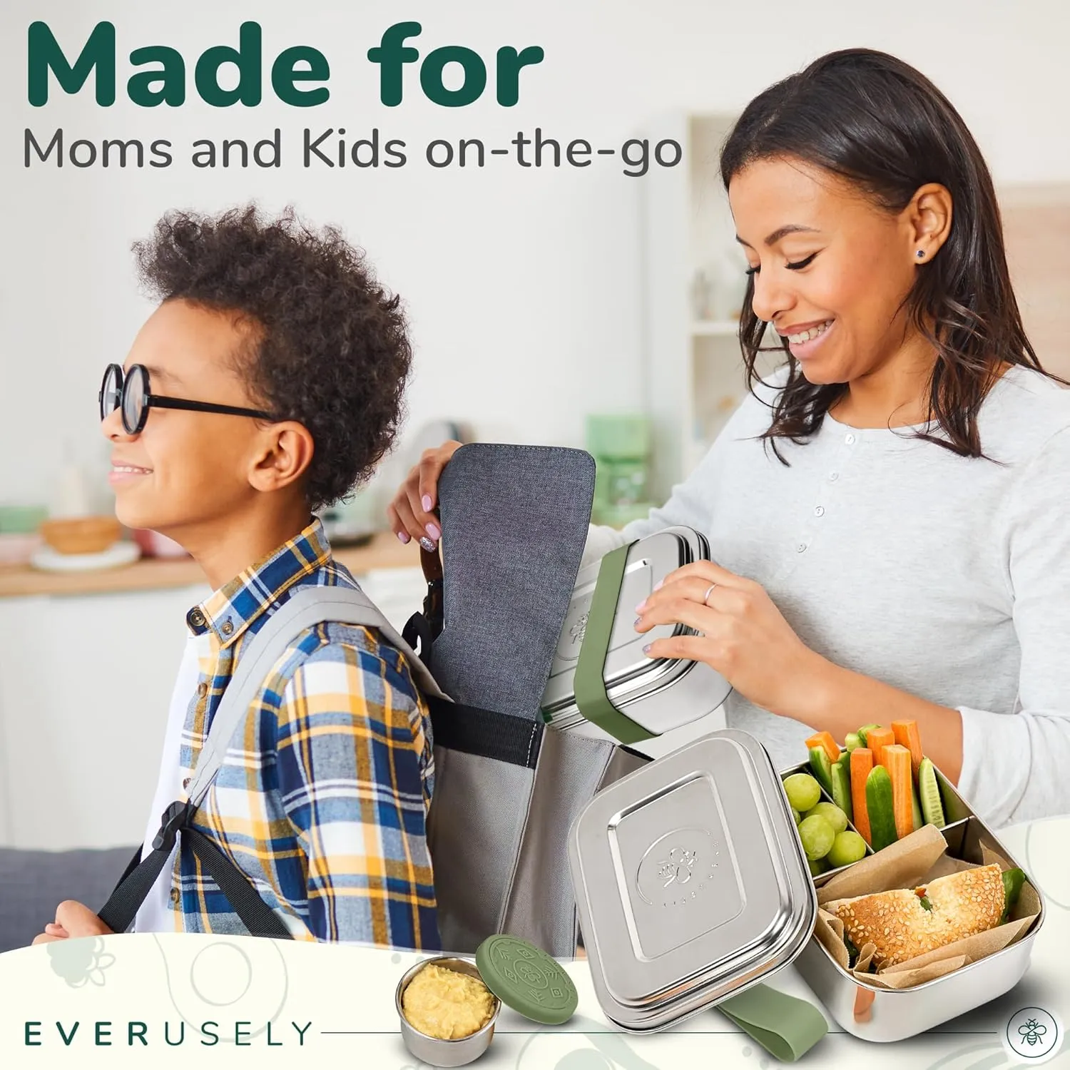 Everusely - Bento Box for Kids - Sage, 27oz / 0.8 L - Stainless Steel Lunch Box with Leakproof Condiment Container - 3 Compartment Snack Organizer for On the Go Meals - Freezer & Dishwasher Safe
