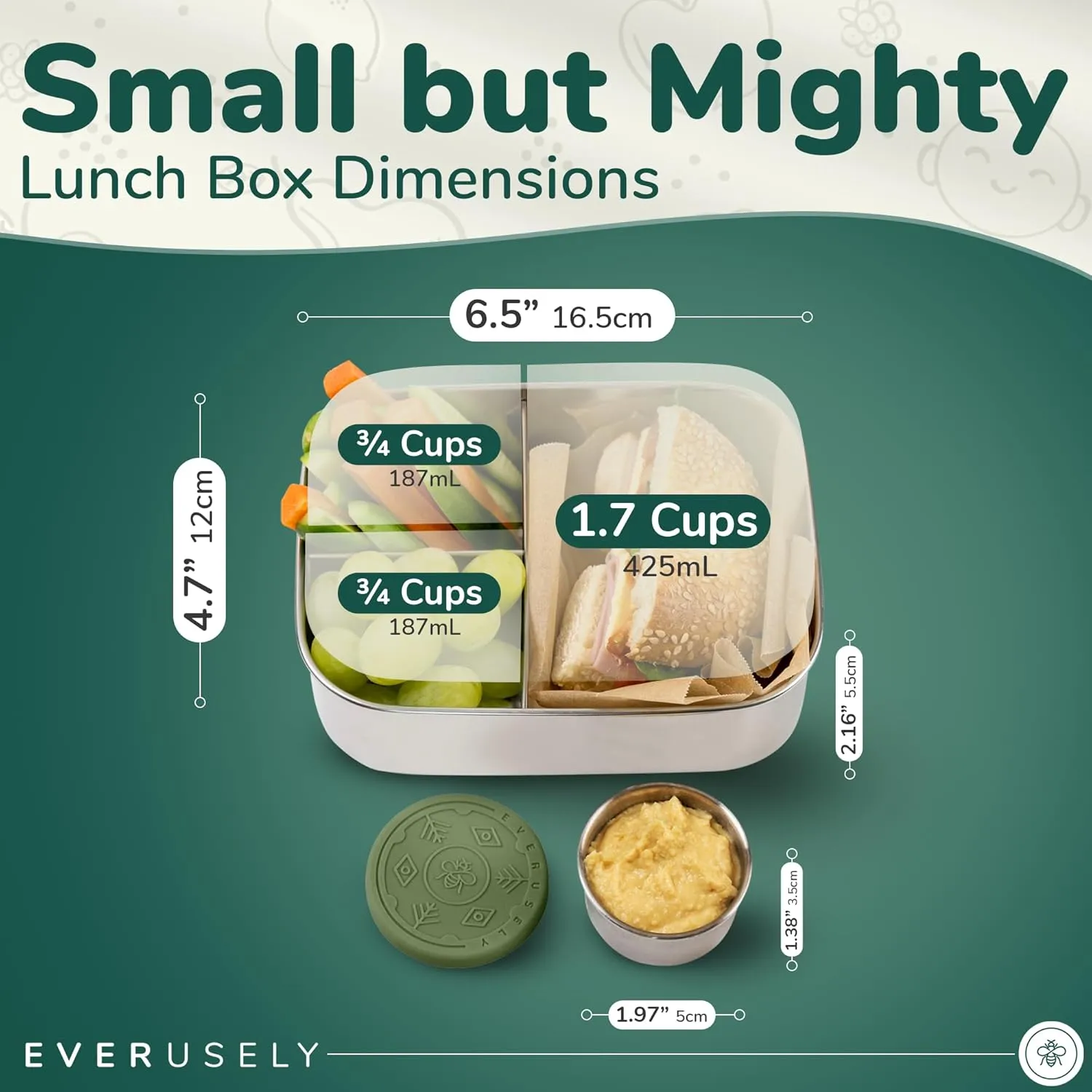 Everusely - Bento Box for Kids - Sage, 27oz / 0.8 L - Stainless Steel Lunch Box with Leakproof Condiment Container - 3 Compartment Snack Organizer for On the Go Meals - Freezer & Dishwasher Safe