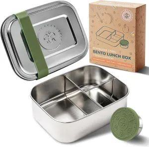 Everusely - Bento Box for Kids - Sage, 27oz / 0.8 L - Stainless Steel Lunch Box with Leakproof Condiment Container - 3 Compartment Snack Organizer for On the Go Meals - Freezer & Dishwasher Safe