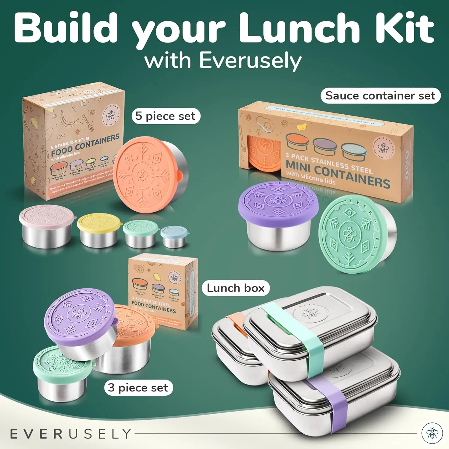 Everusely - Bento Box for Kids - Sage, 27oz / 0.8 L - Stainless Steel Lunch Box with Leakproof Condiment Container - 3 Compartment Snack Organizer for On the Go Meals - Freezer & Dishwasher Safe
