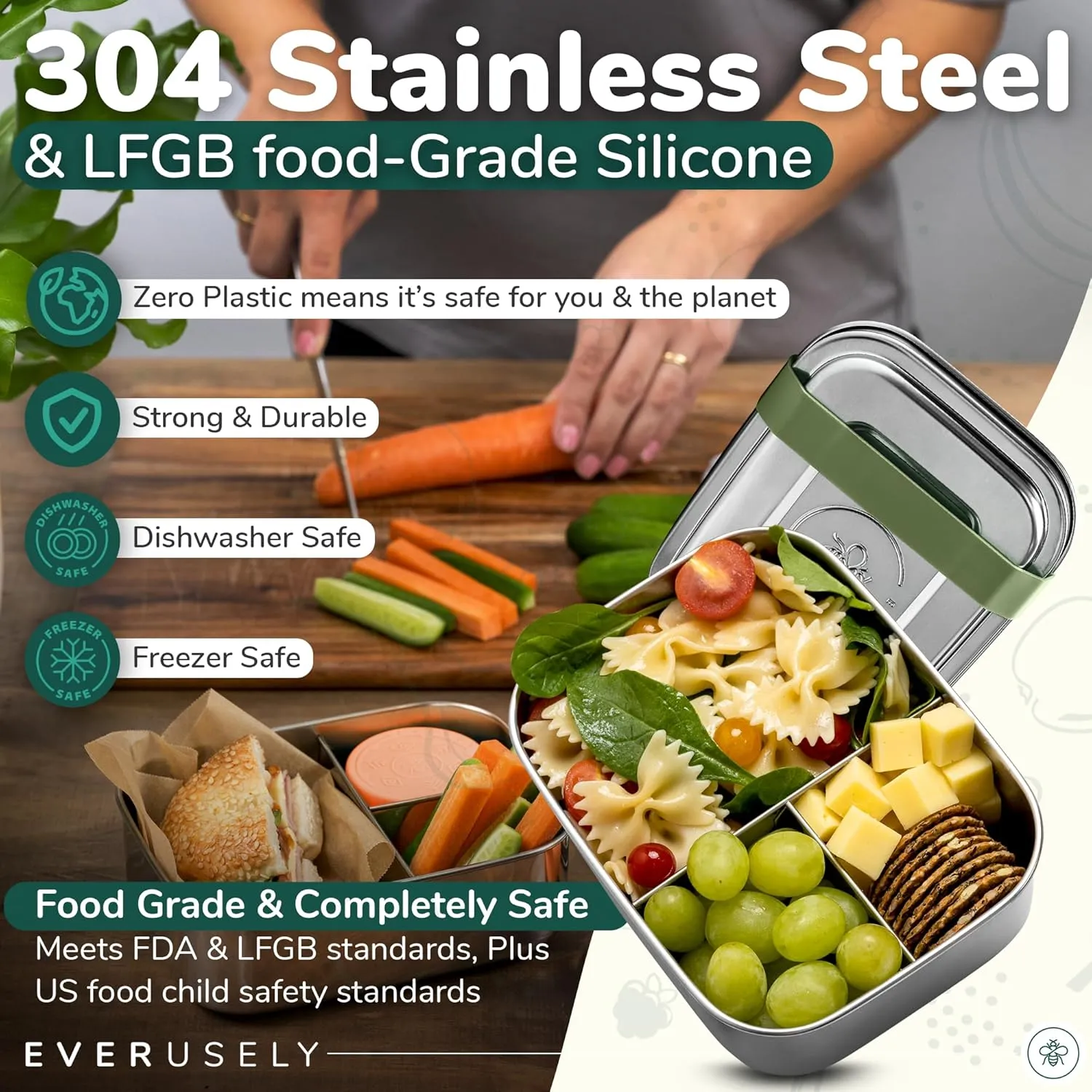Everusely - Bento Box for Kids - Sage, 27oz / 0.8 L - Stainless Steel Lunch Box with Leakproof Condiment Container - 3 Compartment Snack Organizer for On the Go Meals - Freezer & Dishwasher Safe