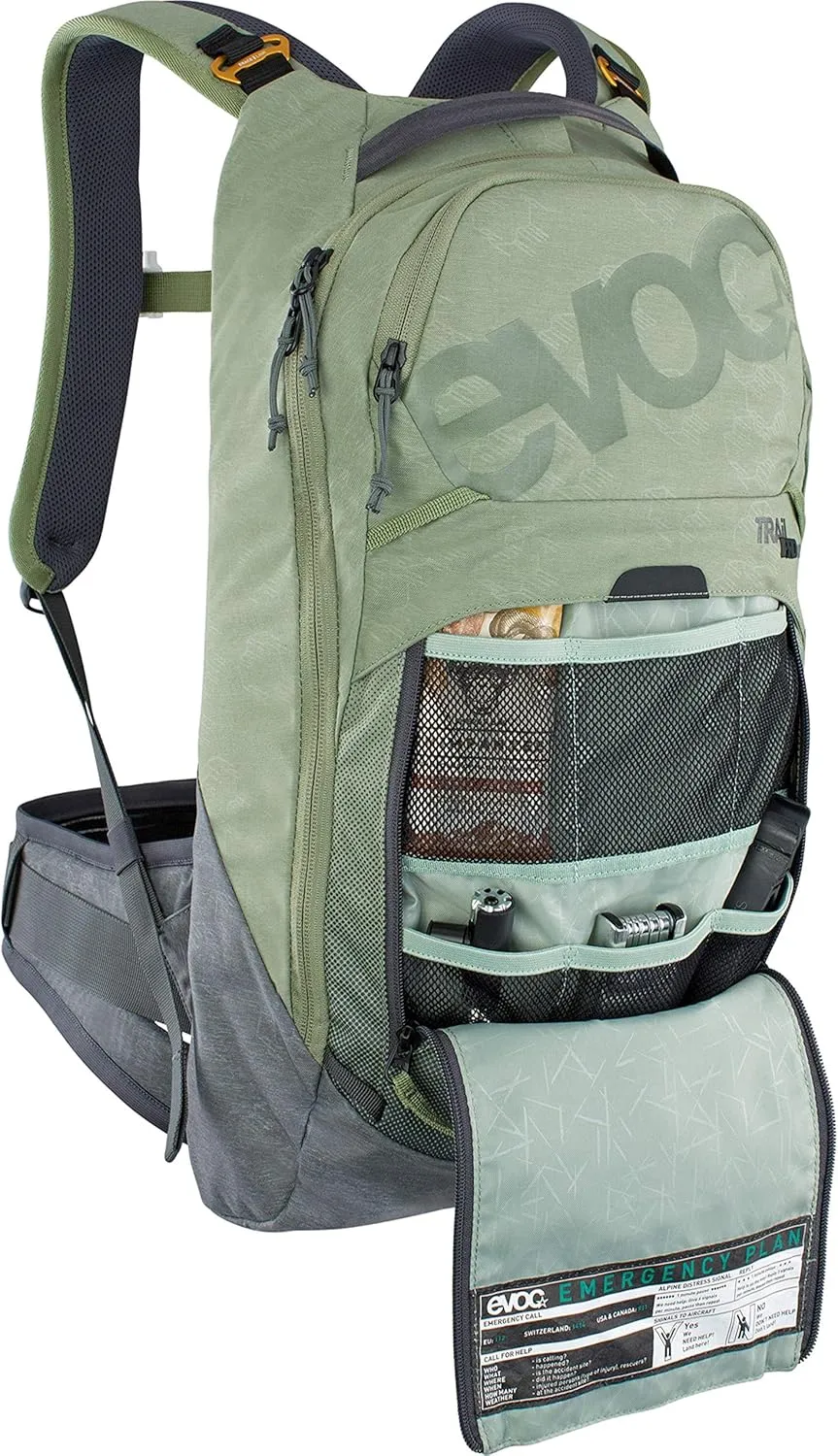 Evoc TRAIL PRO 10l protector backpack for day tours & trail riding (size: S/M, LITESHIELD PLUS back protector, lightweight, wide hip fins, 3l hydration bladder compartment), Olive/Carbon Grey