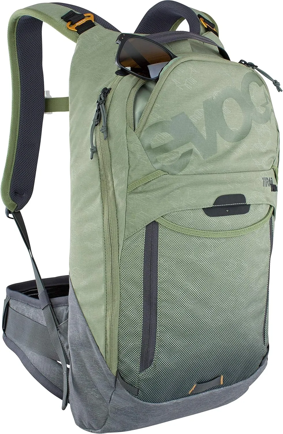 Evoc TRAIL PRO 10l protector backpack for day tours & trail riding (size: S/M, LITESHIELD PLUS back protector, lightweight, wide hip fins, 3l hydration bladder compartment), Olive/Carbon Grey