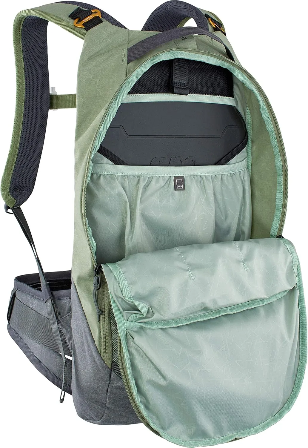 Evoc TRAIL PRO 10l protector backpack for day tours & trail riding (size: S/M, LITESHIELD PLUS back protector, lightweight, wide hip fins, 3l hydration bladder compartment), Olive/Carbon Grey