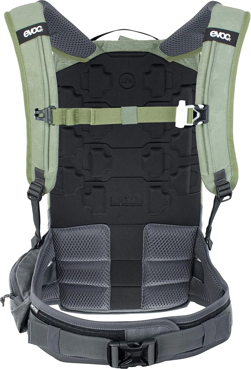 Evoc TRAIL PRO 10l protector backpack for day tours & trail riding (size: S/M, LITESHIELD PLUS back protector, lightweight, wide hip fins, 3l hydration bladder compartment), Olive/Carbon Grey