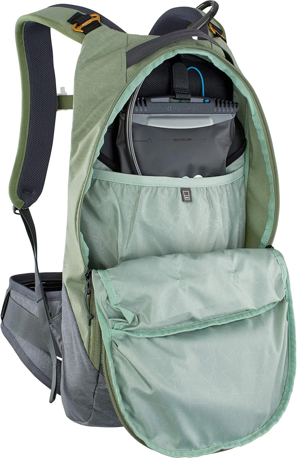 Evoc TRAIL PRO 10l protector backpack for day tours & trail riding (size: S/M, LITESHIELD PLUS back protector, lightweight, wide hip fins, 3l hydration bladder compartment), Olive/Carbon Grey
