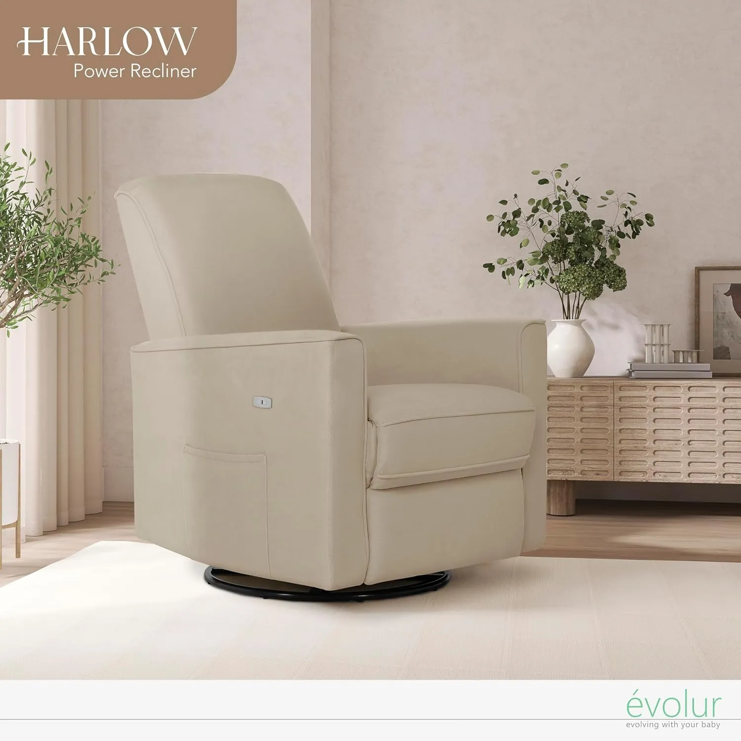 Evolur Harlow Deluxe Upholstered Plush Seating Glide Rocker, Swivel, Power Recliner with USB Port, Greenguard Gold Certified, Glider Chair for Nursery in Fawn